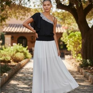 White House Black Market Elegant Black and Cream Blouse w/ White Maxi Shirt.